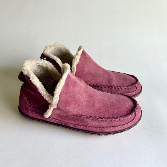 L.L. Bean Dust Pink Suede Faux Fur Lining Rubber Outsole Moccasin Boots size 8 - Picture 1 of 14